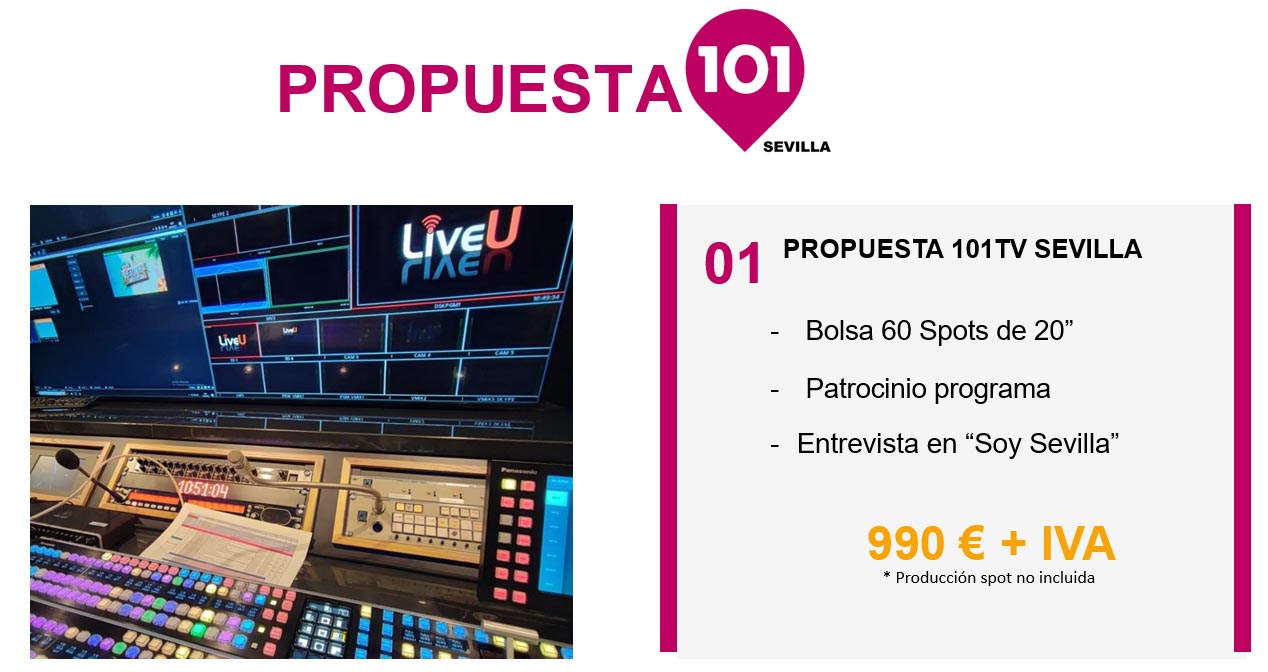 Tarifas 101 TV Sevilla e imagen de pantallas y microfonos