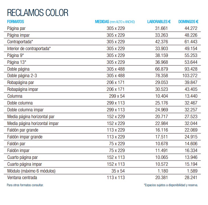 Tarifas de publicidad color ABC