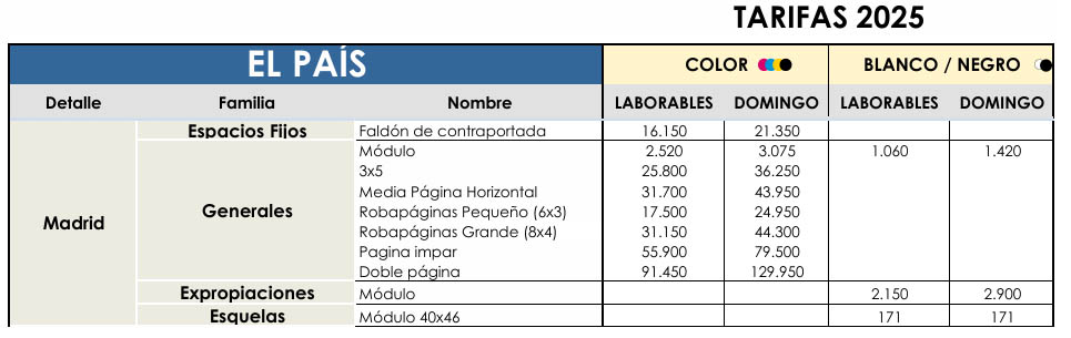 tarifas el país madrid