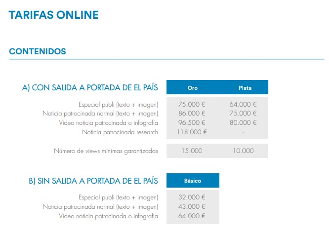 tarifas publicidad contenidos online el pais