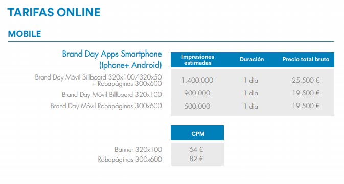 tarifas publicidad mobile online el pais