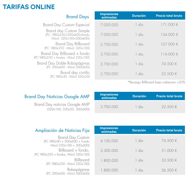 tarifas publicidad online el pais