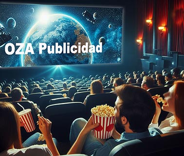 Personas en una sala viendo publicidad en la pantalla del cine