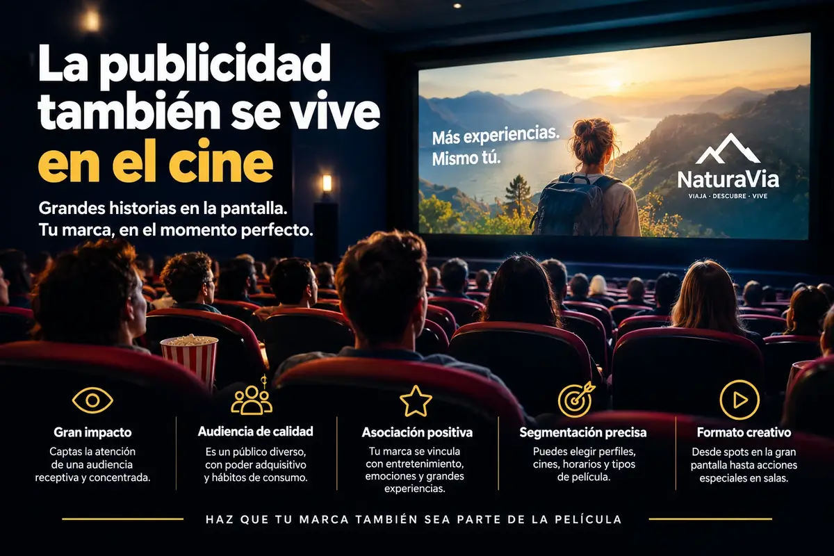 La publicidad también se vive en el cine: sala llena viendo un anuncio en la gran pantalla. Debajo, cinco ventajas: gran impacto, audiencia de calidad, asociación positiva, segmentación precisa y formato creativo.