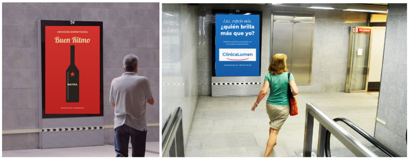 Mupis de papel con publicidad en una estación del Metro de Sevilla